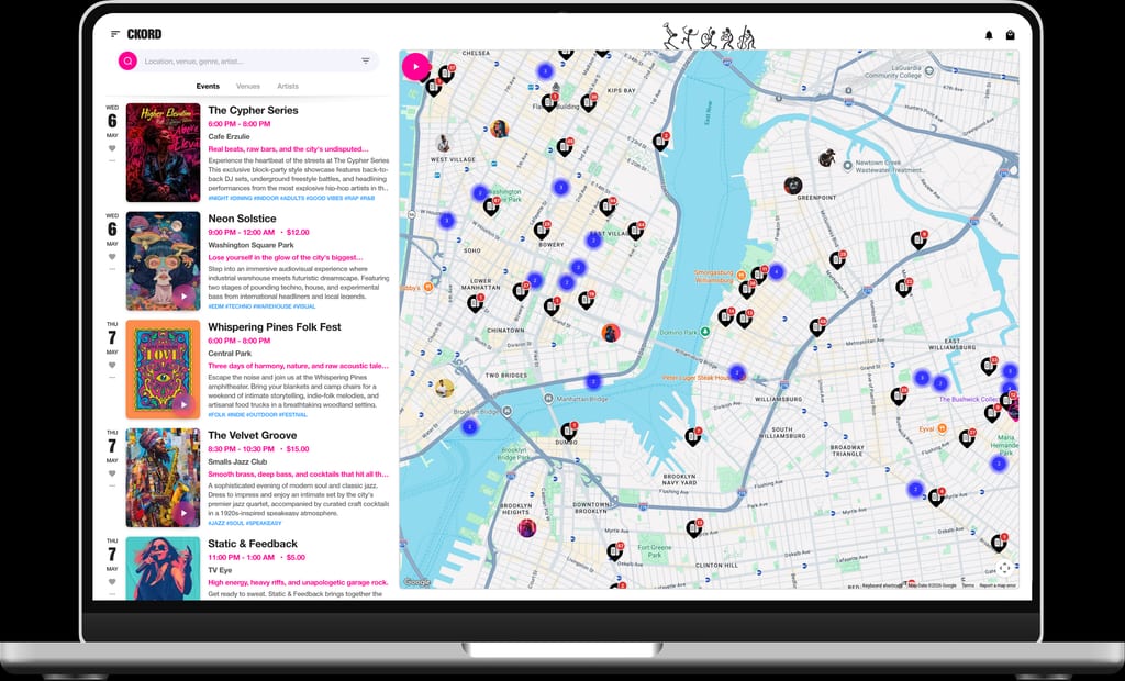 Ckord desktop screenshot showing live music map